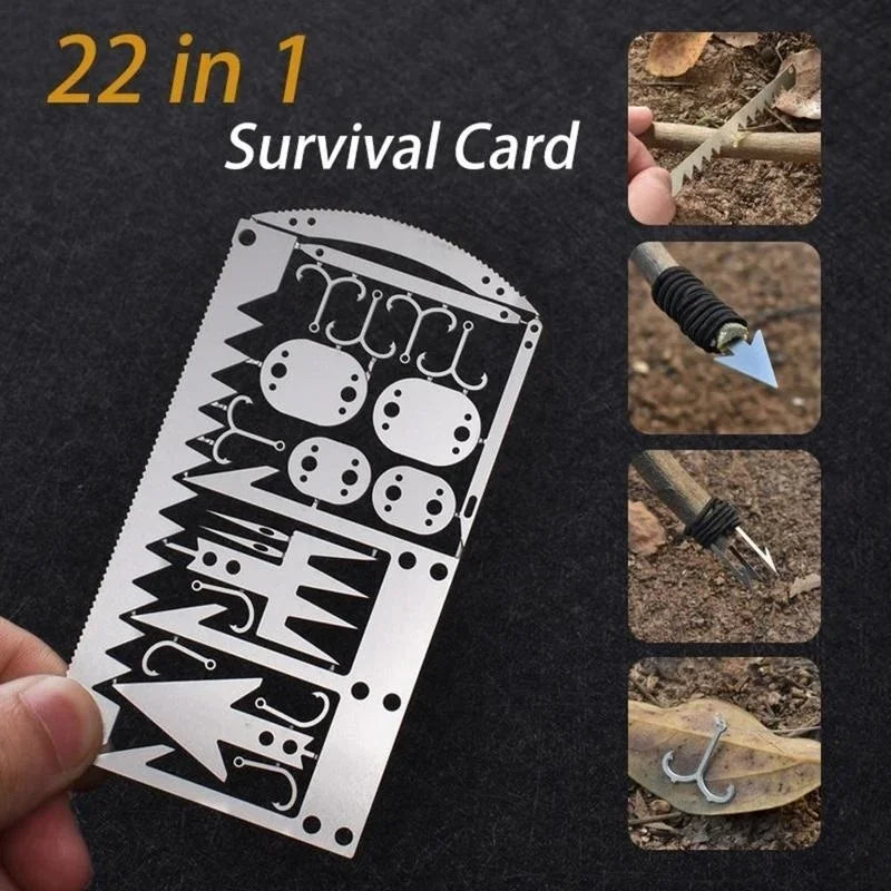 Carte de survie multifunctionnelle en acier inoxydable 22 en 1 pour camping et randonnée