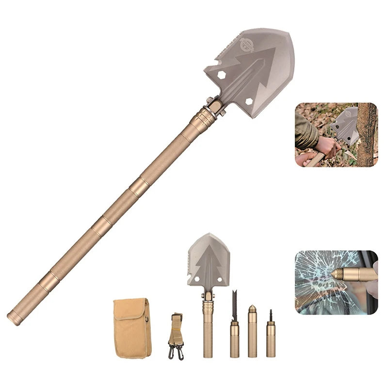 Pelle multifonction en acier inoxydable pliable avec accessoires pour survie en plein air