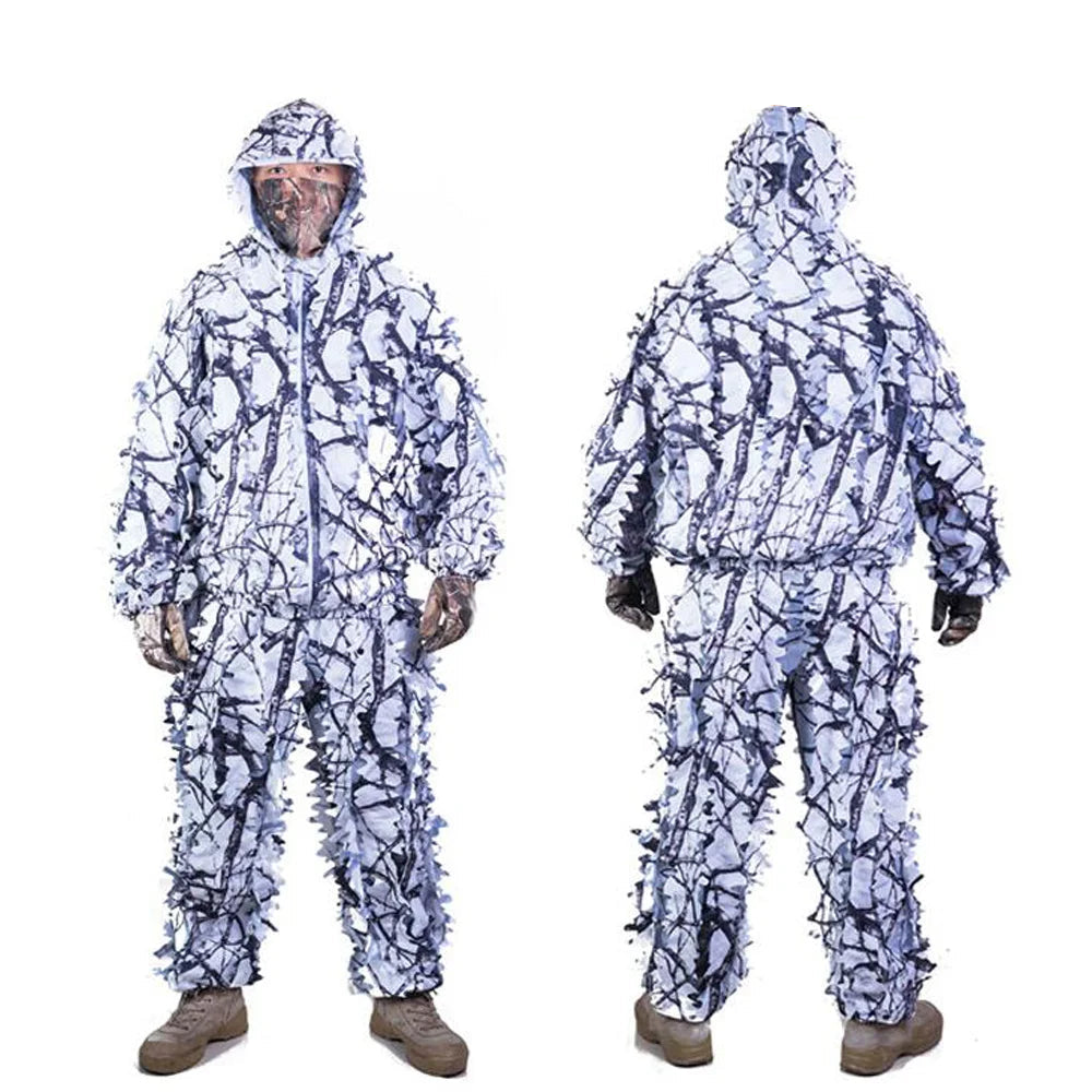 Costume Camouflage Ghillie 3D Hiver pour Chasse - Ensemble Complet avec Motif Feuille d'Érable Blanc