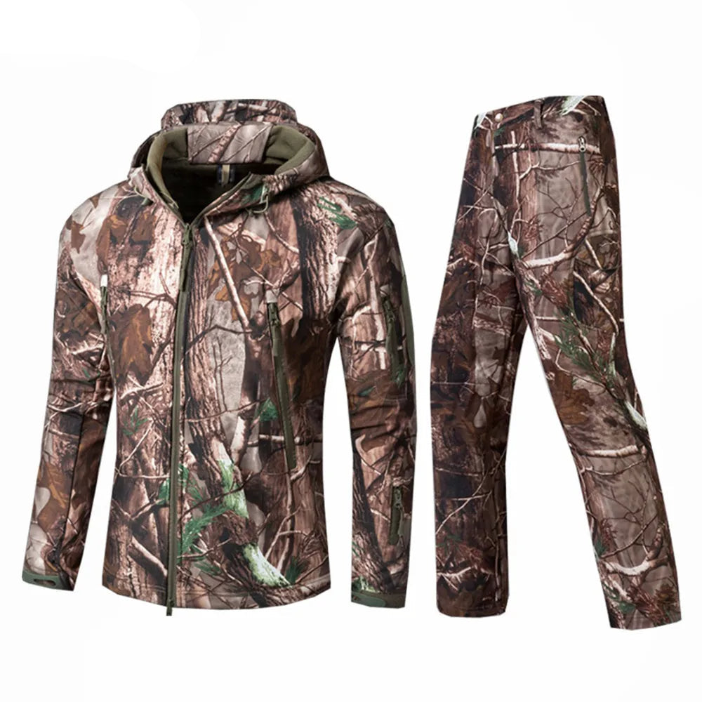 Costume de chasse camouflage à deux pièces en tissu chaud et épais pour activités outdoor en hiver