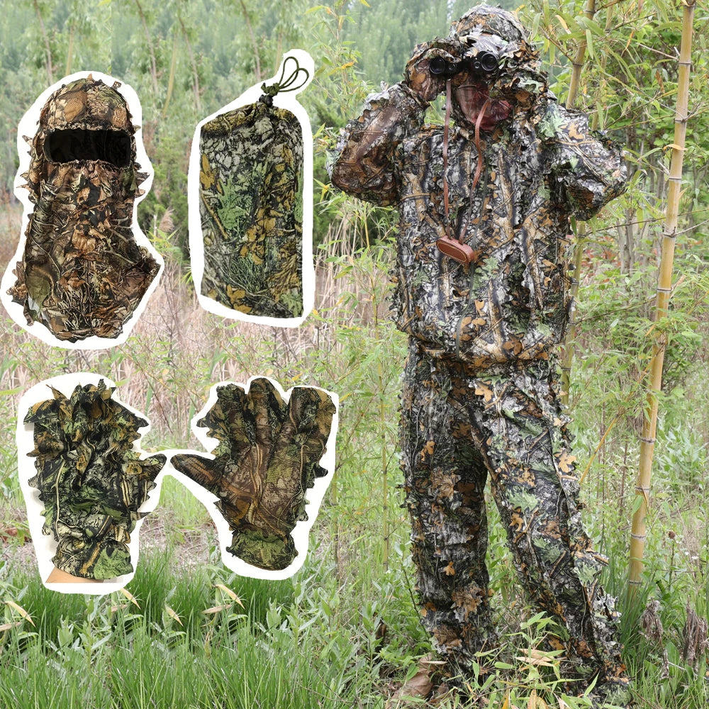 Vêtements de chasse camouflage léger à feuilles avec capuche pour photographie en plein air et observation des oiseaux
