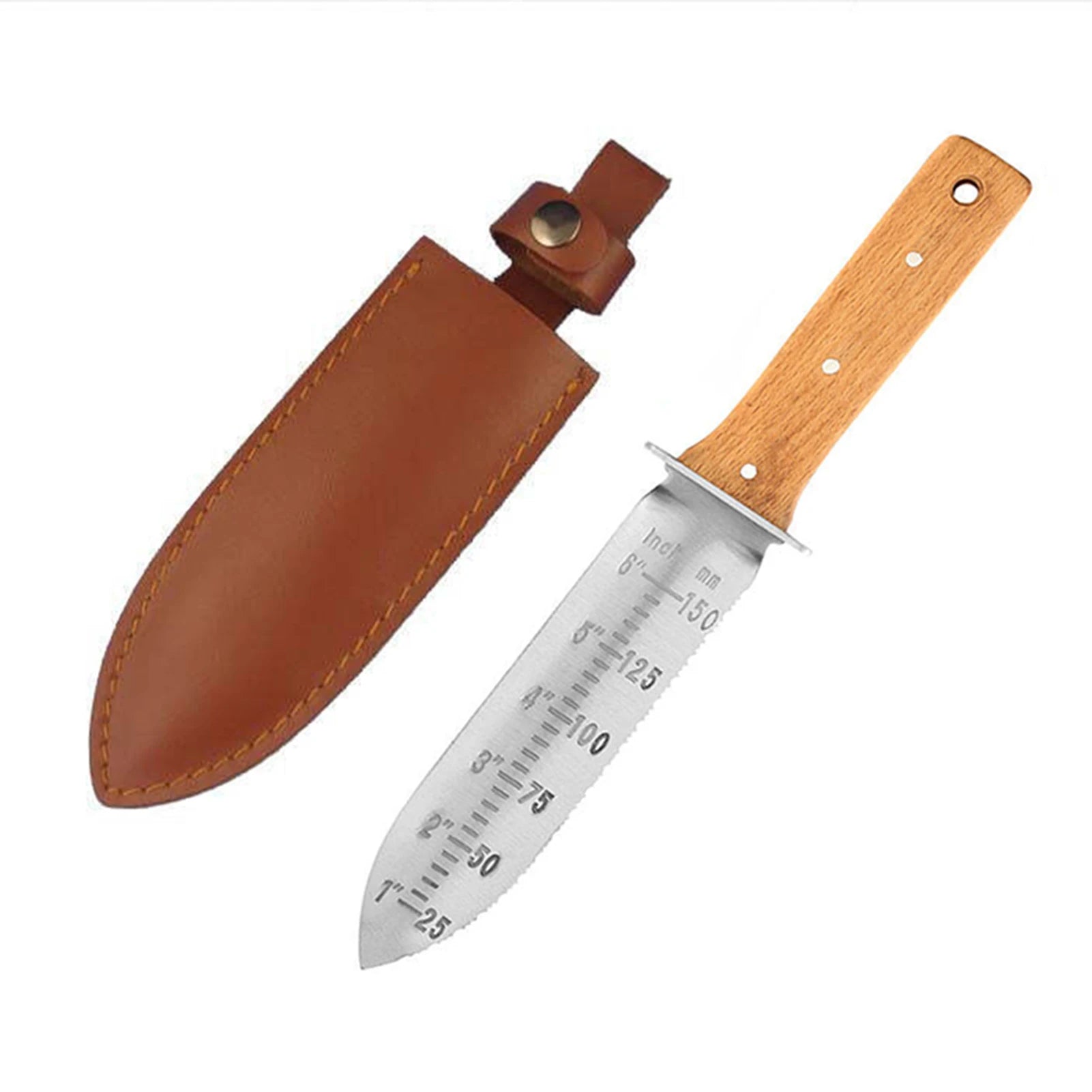 pelle de plantation avec étui en cuir et graduation