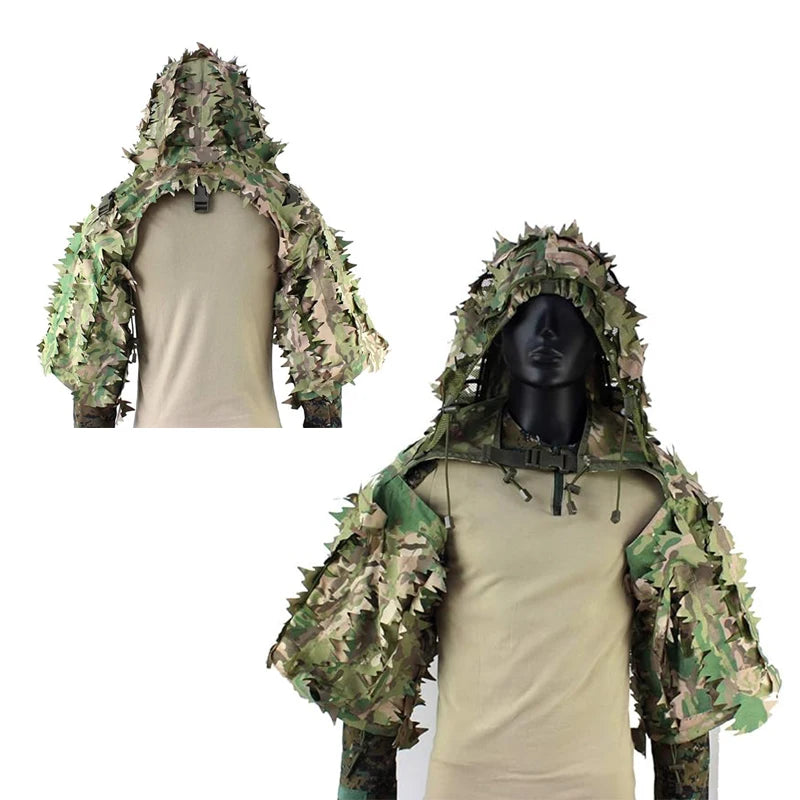 Veste camouflage tactique avec capuche en 3D et rayures pour chasse et airsoft